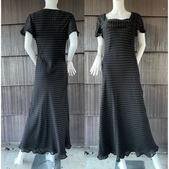 🔥Donna Ricco 10% Silk Black & Brown Polkadots Bias Cut Flutter Sleeve Dress - Picture 1 of 16